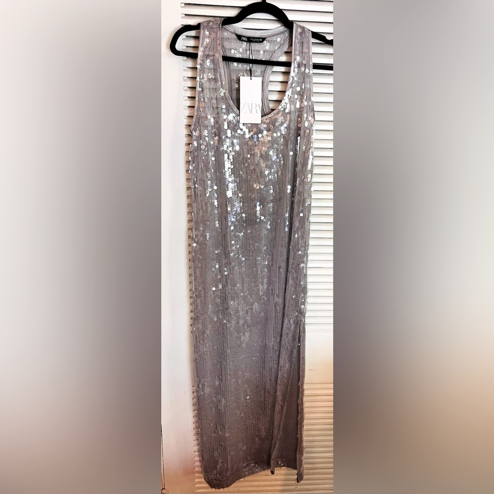 NWT Zara Sheer Silver Sequined Long Tank Dress. Size XS and in mint condition